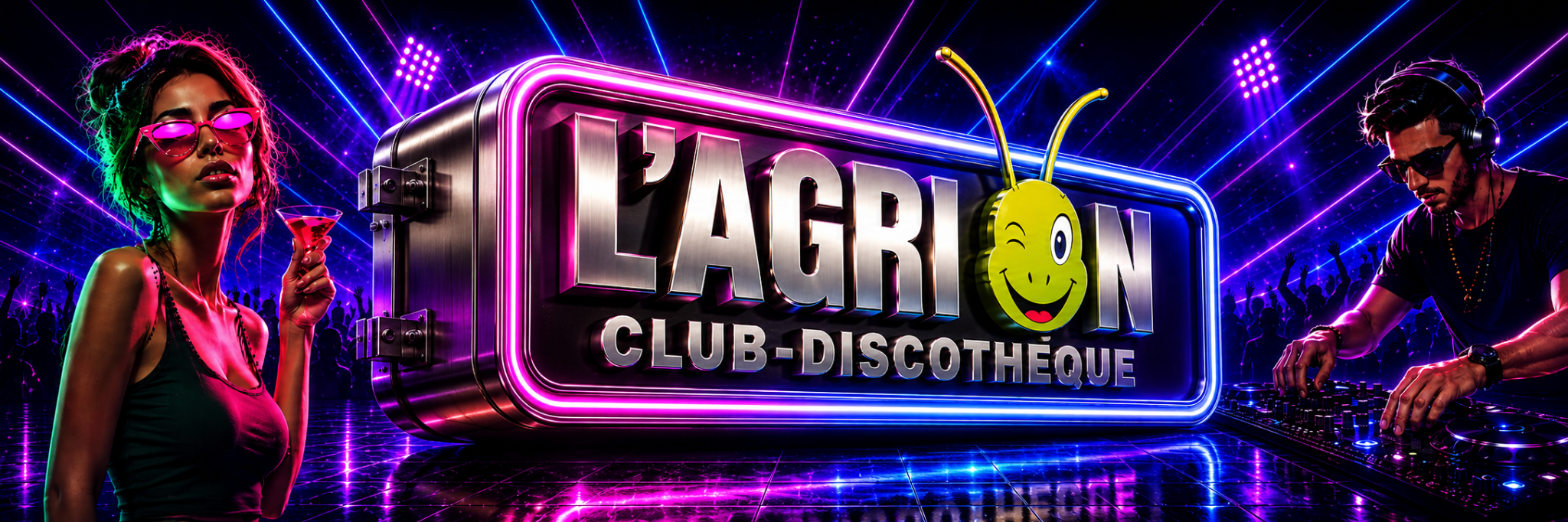 L’Agrion Club-Discothèque avec la mascotte, une femme et un DJ dans une ambiance néon