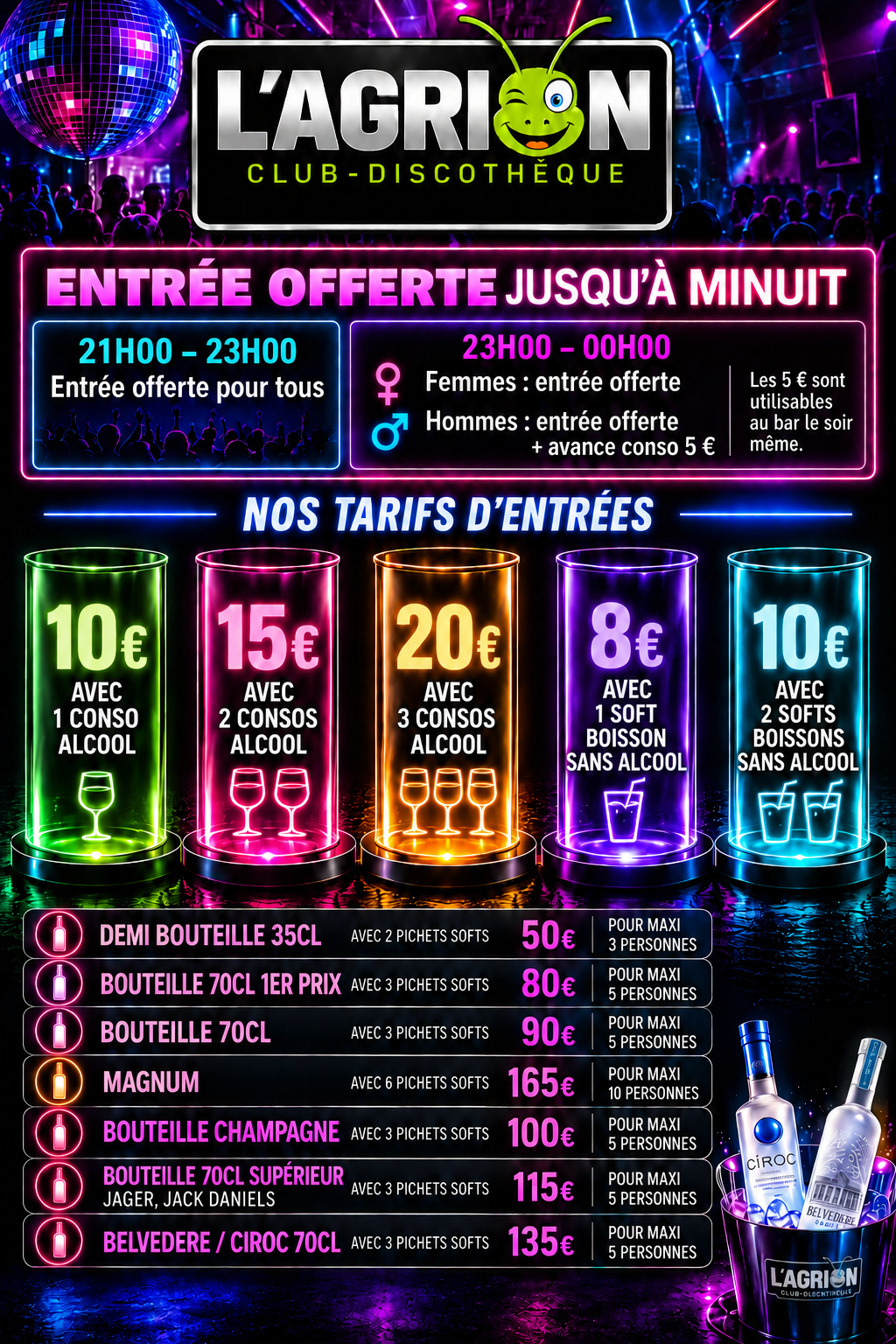Tarifs d’entrée et de bouteilles de L’Agrion Club-Discothèque